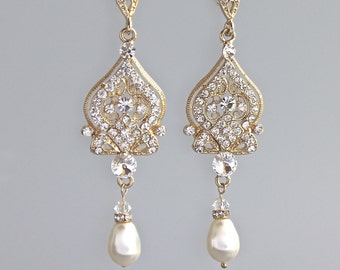 Gold Crystal Bridal Earrings, Art Deco Pearl Drop Earrings,  Gold Wedding Jewelry, Bridal Jewelry,  LUCY G