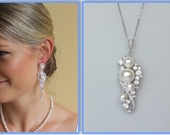 Bridal Jewelry Set, Necklace & Earrings Set, Crystal and Pearl Wedding Jewelry Set, Chandelier earrings and Pendant Necklace Set,  TILLY