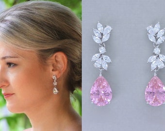 Pink Crystal Chandelier Teardrop Earrings, Blush Pink Crystal Drop Silver Bridal  Earrings, White Gold Wedding Earrings, ANNIE