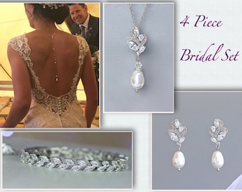 Bridal Jewelry Set, Bridal Jewelry Set, Backdrop Necklace Bracelet & Earrings, Rhodium/Rose Gold/18 K Gold Options, FLEUR/Hayley