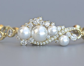 Pearl and Crystal Gold Bridal Bracelet, Wedding Jewelry, Gold Bridal Jewelry, Bridesmaid Bracelet, TILLY G