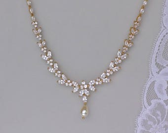 Gold Bridal Necklace, Crystal Bridal Necklace, Gold Bridal Necklace, Gold Wedding Jewelry, Bridesmaid Necklace,  Denise G