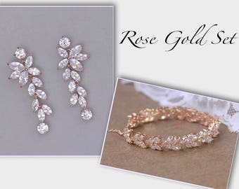 Rose Gold Bridal Jewelry Set, Bridal Necklace & Earrings Set, Wedding Jewelry Set, Bridal Jewelry Rose Gold