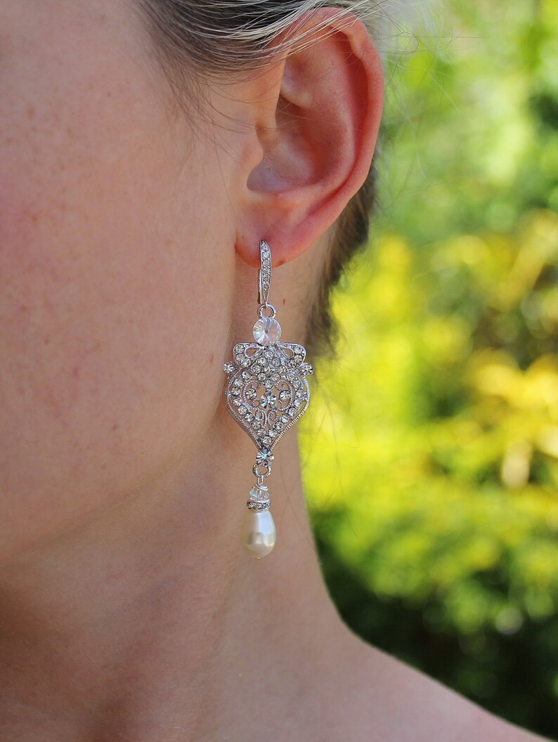 Crystal and Pearl Drop Chandelier Earrings Art Deco Crystal Etsy
