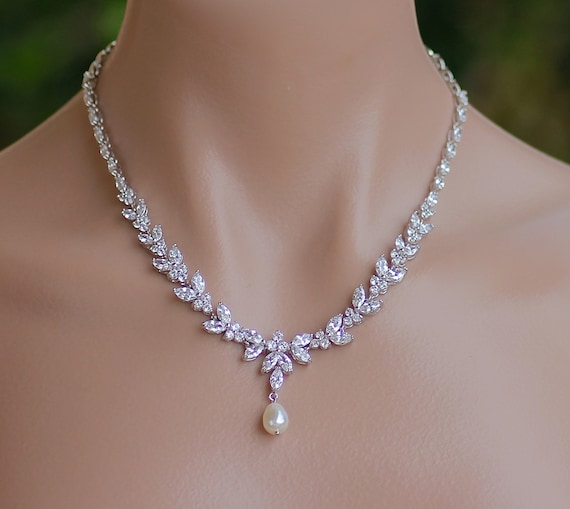 Crystal Pearl Drop Silver Necklace, Marquise Zircon White