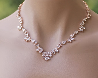 Rose Gold Crystal Bridal Necklace,  Rose Gold Wedding Jewelry ASHLEY