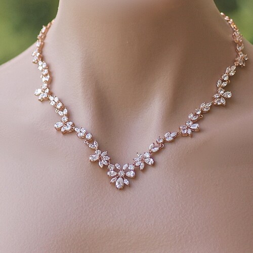 Rose Gold Crystal Bridal Necklace Rose Gold Wedding Jewelry - Etsy