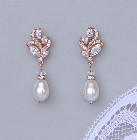Rose Gold Bridal Earrings, Rose Gold Pearl Drop Earrings, Marquise