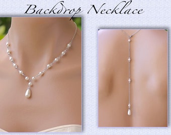 Pearl Back Drop Necklace, Swarovski Pearl Bridal Necklace, Y Necklace & Back Drop - Option, Bridesmaid Jewelry