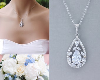 White Gold Crystal Teardrop Bridal Necklace, Silver  Teardrop Pendant Necklace, Silver Crystal Teardrop Bridesmaids Necklace, COCO S