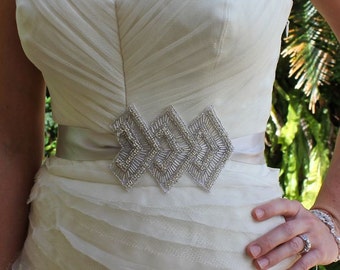 Silver Beaded and Crystal Bridal Sash, Couture Deco Wedding Sash, Vintage Style Beaded Wedding Belt, Accessories