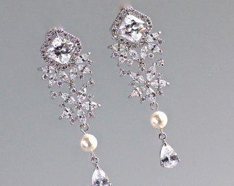 Chandelier Earrings, Crystal Earrings, Pearl Drop Bridal Earrings, Crystal Wedding Earrings,  Chandelier Wedding earrings, JAZZ PC