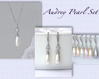 Pearl Jewelry set, Pearl Bridal Set, Pearl Bridesmaids Set, Ivory Pearl Earrings & Pearl Necklace SET, AUDREY