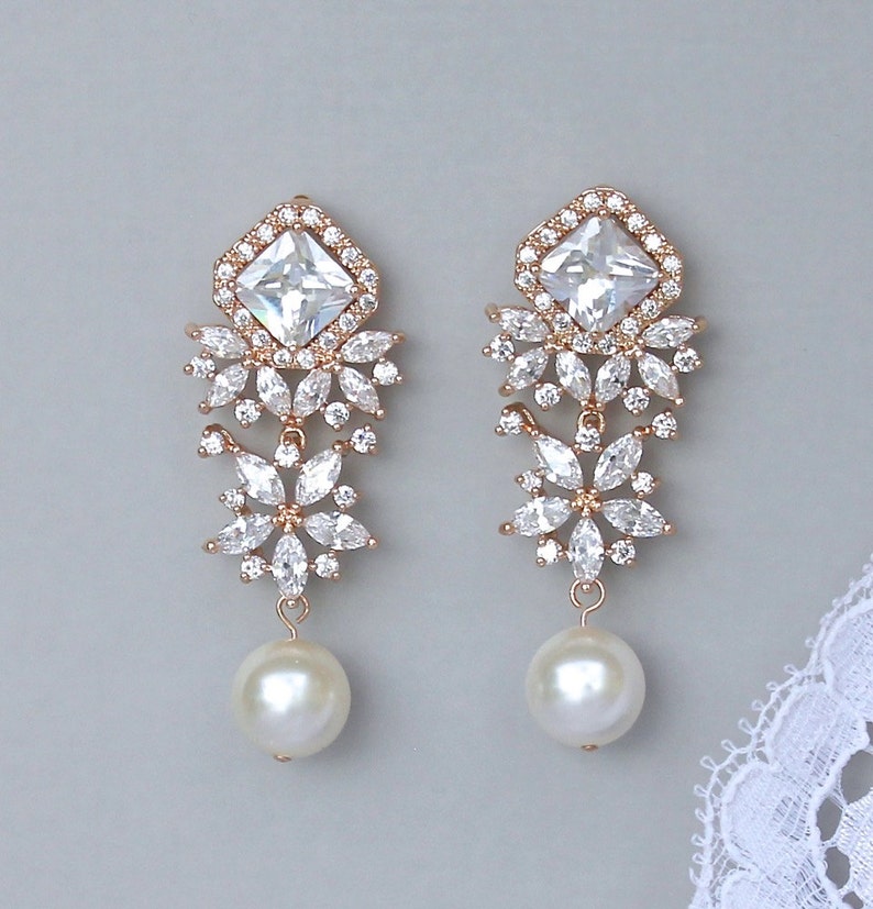 Rose Gold Crystal Earrings Crystal & Ivory Pearl Bridal Etsy