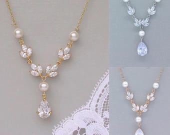 Wedding Necklace, Crystal Bridal Necklace, Pearl and Crystal Bridal Necklace, Crystal Necklace, Bridesmaid Necklace, MELANIE Set
