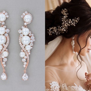 Rose Gold Crystal Pearl Bridal Earrings, Natural Pearl & Crystal Long Wedding Earrings, TILLY RG image 1