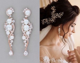 Rose Gold Crystal Pearl Bridal  Earrings, Natural Pearl & Crystal Long Wedding Earrings, TILLY  RG