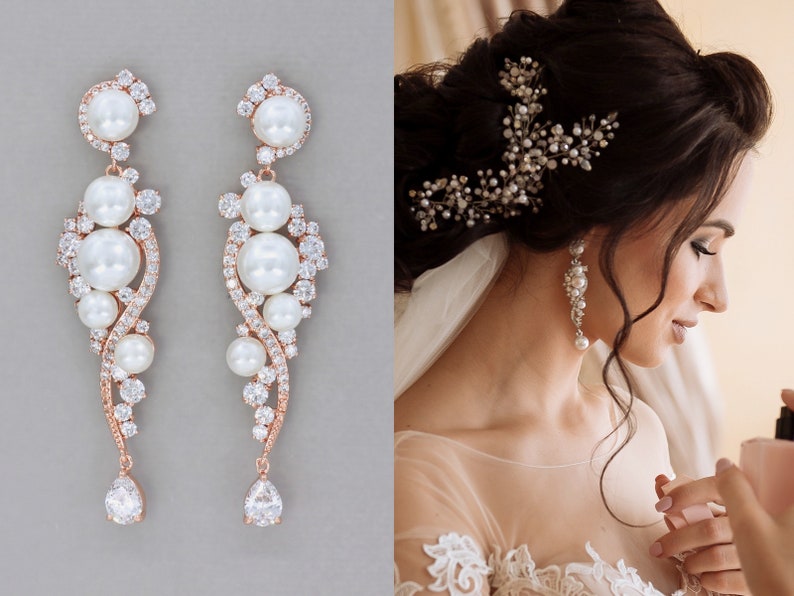 Rose Gold Crystal Pearl Bridal Earrings, Natural Pearl & Crystal Long Wedding Earrings, TILLY RG image 1