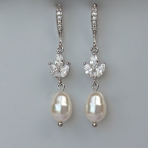 Crystal & Pearl Drop Bridal Earrings,  White Gold Crystal Pearl Bridal Jewelry,HAYLEY SP