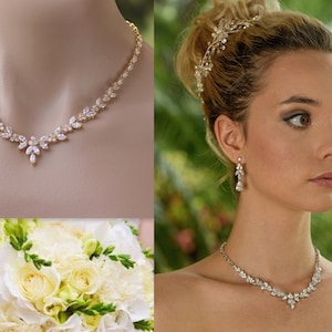 Gold Crystal Marquise Bridal Necklace,  Gold Leafy Cubic Zircon Necklace, Gold Wedding Jewelry, Bridesmaid Necklace,  Denise G
