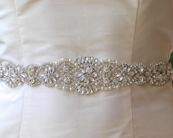 Long Wedding Dress Sash, Full Length Crystal Bridal Belt, Silver Bridal Sash, Crystal Beaded Wedding Belt, Ceinture de Mariée, ALOHA SL