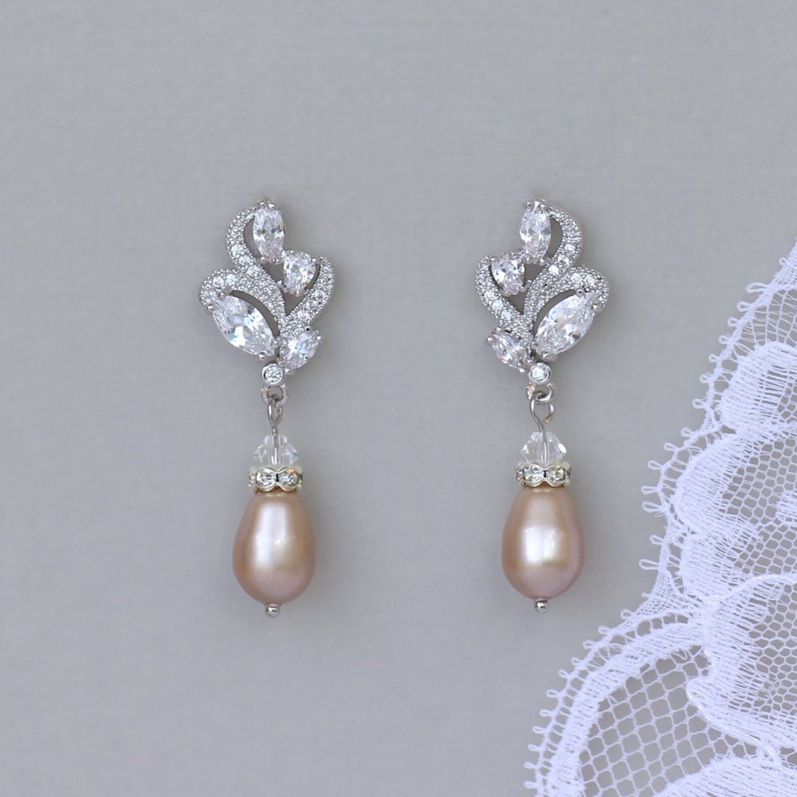 Bridal Jewelry Set Crystal & Champagne Almond Pearl Wedding - Etsy