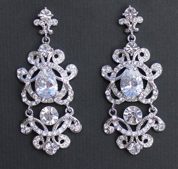 Items similar to Crystal Chandelier Earrings, Crystal Silver Bridal Earrings, Art Nouveau Bridal