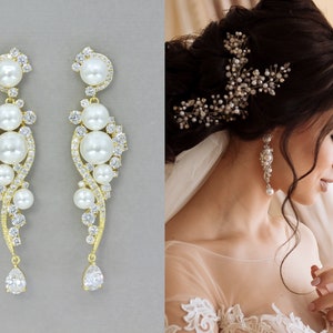 Gold Crystal and Pearl Wedding Earrings, Gold Chandelier Earrings,Long Gold Pearl Earrings,  Crystal Bridal  Earrings,  TILLY
