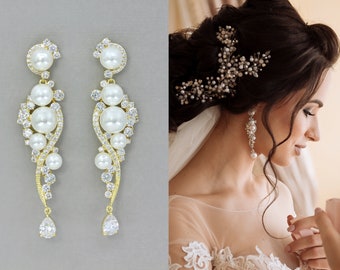 Gold Crystal and Pearl Wedding Earrings, Gold Chandelier Earrings,Long Gold Pearl Earrings,  Crystal Bridal  Earrings,  TILLY
