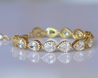 Gold Teardrop Crystal Bracelet, Gold Bridal Bracelet, Teardrop Crystal Wedding Bracelet,