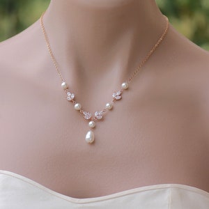 ◆STONEHENgE◆ 14K Rose Gold Pearl Necklace SA25A68B Rose Gold Bridal Necklace, Rose Gold Crystal & Pearl