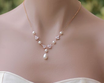 Rose Gold Crystal & Pearl Necklace, Rose Gold Bridal Necklace, GOLD and Rhodium Options, Bridesmaid Necklace, Rose Gold Jewelry