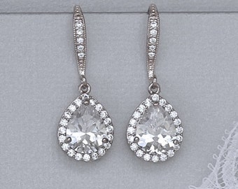 Pendientes de lágrima de cristal, pendientes de novia de circonita cúbica, pendientes de novia de cristal, joyería nupcial, joyería de boda, joyería de dama de honor