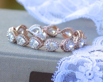 Rose Gold Teardrop Crystal Bracelet, Rose Gold Bridal Bracelet, Teardrop Crystal Wedding Bracelet,