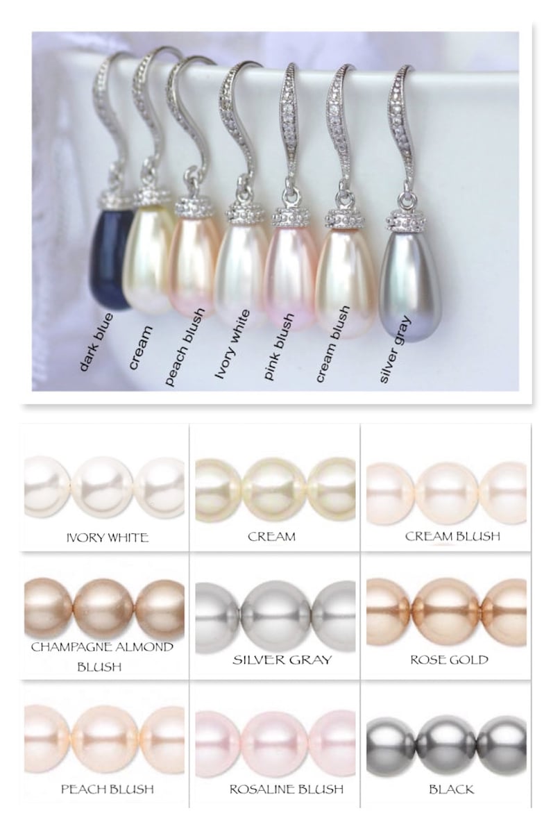 May include: A selection of pearl earrings in various colors, including ivory white, cream, cream blush, champagne almond blush, silver gray, rose gold, peach blush, and black. The earrings are displayed on a white background.
