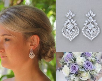 Crystal Statement Chandelier Bridal Earrings, White Gold Silver Rhodium Zircon Bridal Earrings, Taylor
