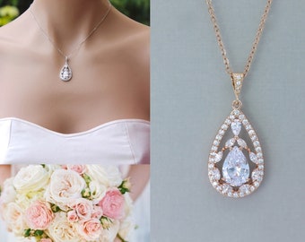 Rose Gold Crystal Teardrop Bridal Necklace, Pink Gold Teardrop Pendant Necklace, Rose Gold Crystal Teardrop Bridesmaids Necklace, COCO RG