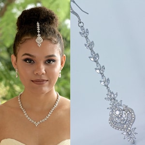 Kristall Kronleuchter Haar Braut TIKKA, indische Hochzeit Kristall Kopfschmuck Silber Tikka, Boho Hochzeit Braut Kristall Haarschmuck, Taylor