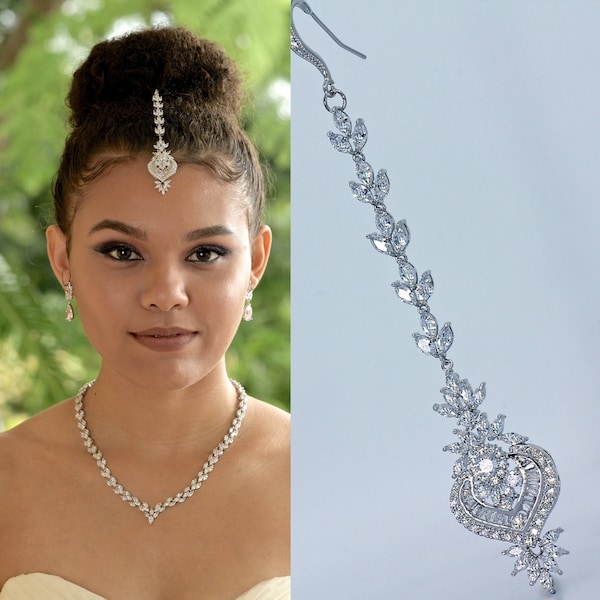 Crystal Chandelier Hair Bridal TIKKA, Indian Wedding Crystal Headpiece Silver Tikka, Boho Wedding Bridal Crystal Hair Jewelry, Taylor