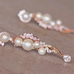 Rose Gold Crystal Pearl Bridal Earrings, Natural Pearl & Crystal Long Wedding Earrings, TILLY RG image 4
