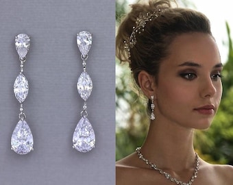 Chandelier Bridal Earrings, Crystal Bridal Drop Earrings, White Gold Rhodium Long Teardrop Crystal Earrings, SYDNEY