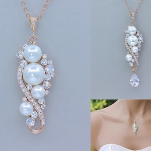 Rose Gold Crystal and Pearl Bridal Necklace, Rose Gold Bridal Jewelry, Rose Gold Wedding Jewelry, Bridesmaid Jewelry, TILLY RG