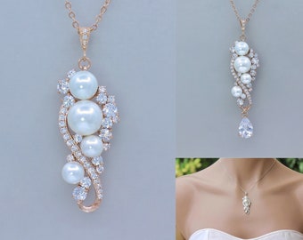 Rose Gold Crystal and Pearl Bridal Necklace, Rose Gold Bridal Jewelry, Rose Gold Wedding Jewelry, Bridesmaid Jewelry, TILLY RG