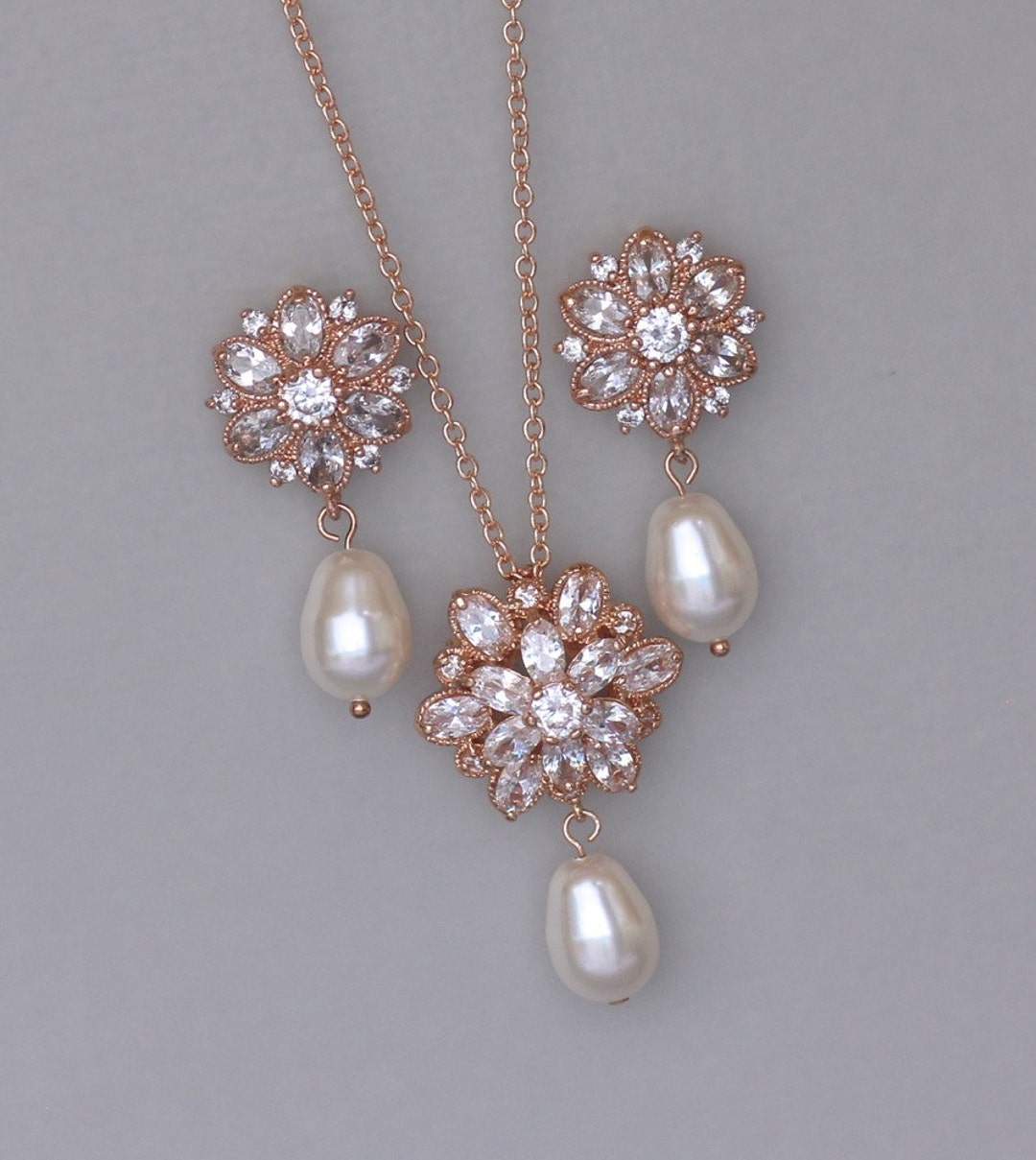 Rose Gold Jewelry Set Crystal Bridal Set Rose Gold Necklace Etsy
