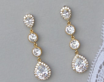 Gold Crystal Teardrop Long Bridal Earrings,  Clip on Crystal Earrings Option,