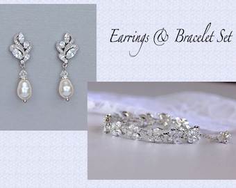 Bridal Jewelry Set, Ivory Pearl Jewelry Set, Crystal & Bracelet Set, Bridesmaids Jewelry Set,