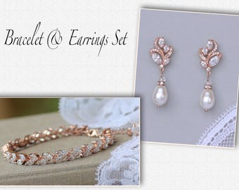 Rose Gold Jewelry Set, Bridal Jewelry Set, Rose Gold Bracelet & Earrings Set, Fleur/Hayley