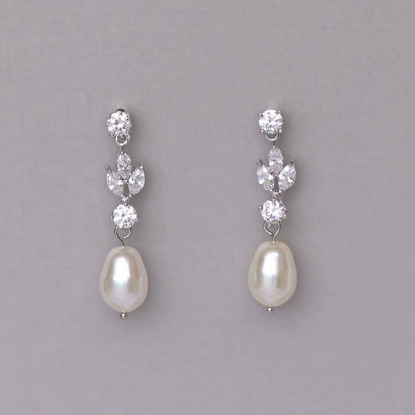 Crystal & Pearl Drop Bridal Earrings,White Gold Crystal Wedding Earrings, ASHLEY SP