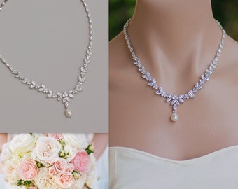 Crystal Pearl Drop Silver Necklace, Marquise Zircon White