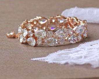 Rose Gold Teardrop Bracelet, Rose Gold Crystal Bracelet, Chunky Crystal Cuff, Rose Gold Bridal Bracelet